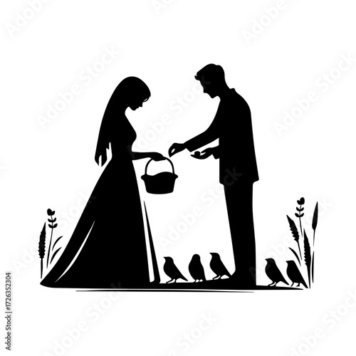 Modern Minimalist Man Carrying Basket With Wife Icon, Flat Silhouette of a Couple Doing Chores Vector for Lifestyle Illustration Design