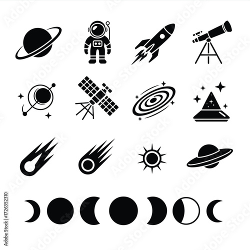 Vector space icons collection planet astronaut rocket telescope galaxy nebula stars eps scalable vector