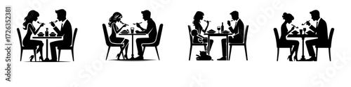 Modern Minimalist Men Eating Dinner With Wife Icon, Flat Silhouette of a Couple Sharing Meal Vector for Home Illustration Design