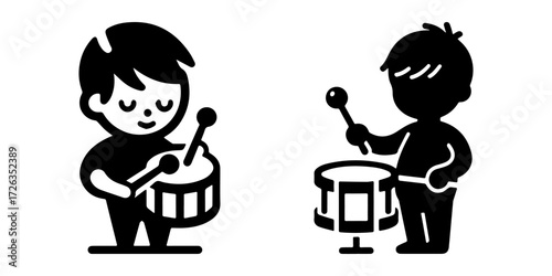Modern Minimalist Boy Playing Drums Icon, Flat Silhouette of a Child Performing Music Vector for Musical Illustration Design