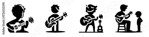 Modern Minimalist Boy Playing Guitar Icon, Flat Silhouette of a Child Performing Music Vector for Musical Illustration Design