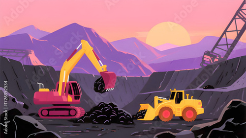 Vibrant illustration showcasing an excavator and bulldozer mining at sunset, ideal for energy industry, construction, or earth science presentations