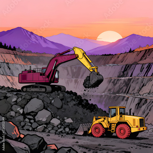 Striking machinery extracting resources in a dynamic open-pit mine landscape, a powerful industry scene with a bold vector art aesthetic and dramatic sunset glow
