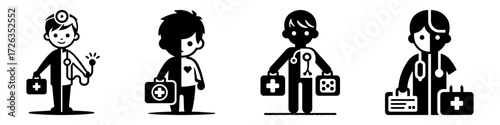 Modern Minimalist Boy Holding Doctor Kit Icon, Flat Silhouette of a Half Body Child Vector for Playtime Illustration Design