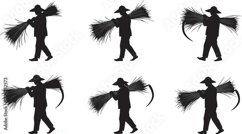 Farmer silhouette illustration, crop harvesting figure, traditional agriculture art, black vector worker, rural labor scene, sickle and bundle, farming concept design