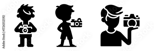 Modern Minimalist Boy Holding Toy Camera Icon, Flat Silhouette of a Half Body Child Vector for Playtime Illustration Design