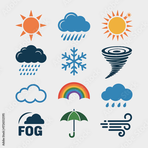 Collection of vector weather icons illustrating sunshine rain snow clouds and more scalable eps format vector