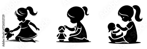 Modern Minimalist Girl Playing with Doll Icon, Flat Silhouette of a Child Vector for Playtime Illustration Design