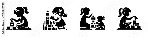 Modern Minimalist Girl Playing with Building Blocks Icon, Flat Silhouette of a Child Vector for Playtime Illustration Design