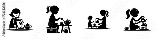 Modern Minimalist Girl Playing with Toy Tea Set Icon, Flat Silhouette of a Child Vector for Playtime Illustration Design