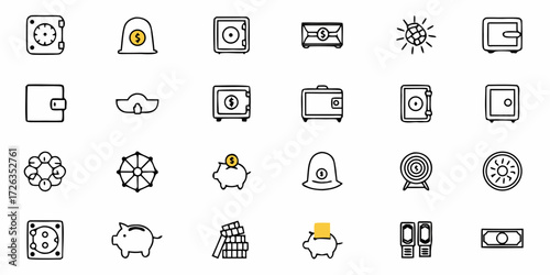 Diverse financial icons including safes, wallets, piggy banks, and money stacks for business and investment themes