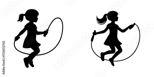 Modern Minimalist Girl Playing with Jump Rope Icon, Flat Silhouette of a Child Vector for Outdoor Illustration Design