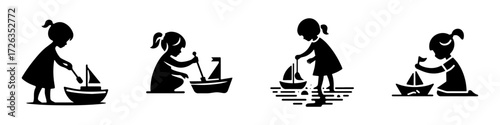 Modern Minimalist Girl Playing with Toy Boat Icon, Flat Silhouette of a Child Vector for Playtime Illustration Design