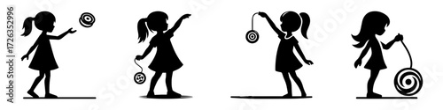 Modern Minimalist Girl Playing with a Yo Yo Icon, Flat Silhouette of a Fun Activity Vector for Toy Game Illustration Design