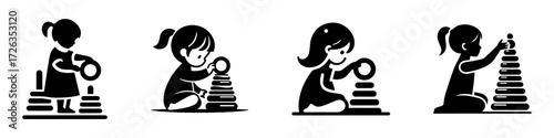 Modern Minimalist Girl Playing with Toy Stacking Rings Icon, Flat Silhouette of a Childhood Learning Vector for Fun Activity Illustration Design