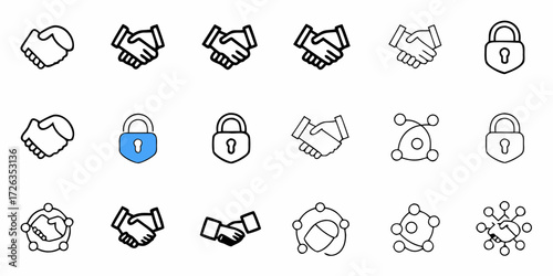 Professional handshake and lock icons representing trust, security, and partnership, perfect for business and finance concepts.