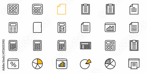 Professional business icons set featuring calculators, documents, charts, and analysis for finance and data presentations