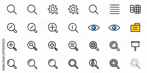 Dynamic icon set for websites and apps, featuring versatile search, settings, eye, and folder symbols for modern interface