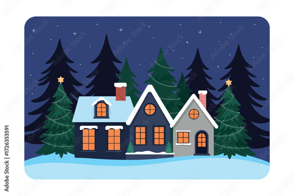 Naklejka premium A festive nighttime graphic of a snowy village with illuminated homes nestled among evergreen trees, a cozy winter holiday landscape