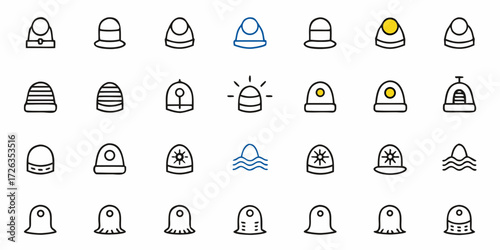 Collection of diverse minimalist icons representing hats, beacons, and weather symbols for design projects