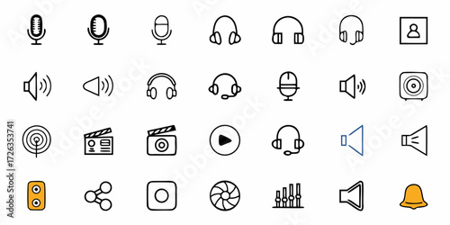 Diverse audio and media icons set for creative projects, offering versatile visual elements for digital content creation and branding needs.