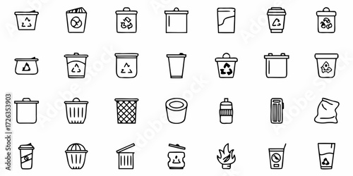Diverse collection of waste and recycling bin icons for modern design projects and environmental awareness campaigns.