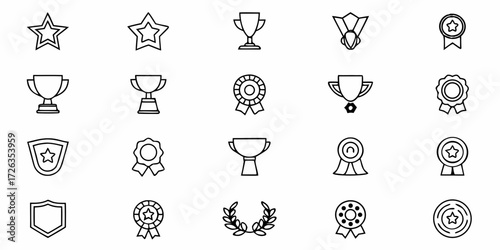 Celebrate achievements with diverse award icons including trophies, stars, ribbons, and laurel wreaths for recognition and success