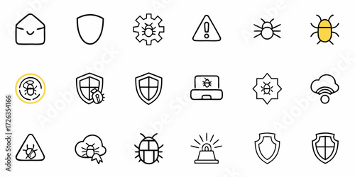 Digital security icons protect against cyber threats like viruses, bugs, and malware for robust online defense.