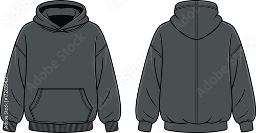 Black hoodie front and back view, casual sweatshirt design, blank template, fashion mockup, streetwear apparel, clothing vector illustration, unisex style