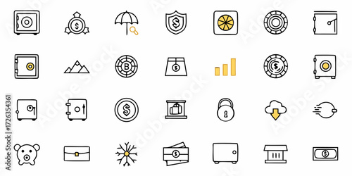Diverse finance and money icons including safes, coins, piggy banks, and charts for business and investment themes