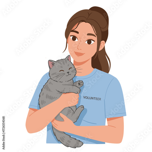 Young volunteer cuddling shelter kitten, caring and empathetic, flat vector illustration of animal care on white background