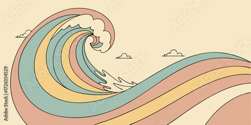 Dynamic colorful wave cresting with abstract pastel hues and simple clouds