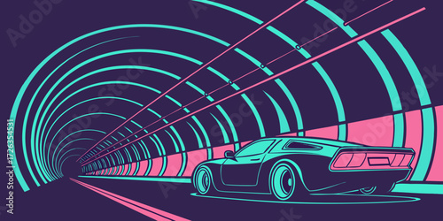Dynamic sports car speeds through neon-lit tunnel, capturing motion and modern style