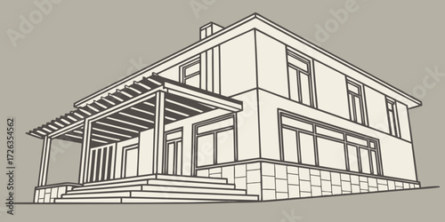 Elegant architectural design showcasing a modern house with clean lines and a welcoming porch, perfect for real estate promotions