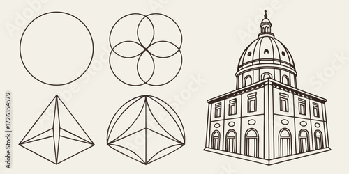 Geometric shapes and architectural line art showcase foundational design principles and classic building structure