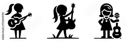 Modern Minimalist Girl Holding Toy Guitar Icon, Flat Silhouette of a Half Body Child with Plaything Vector for Kids Illustration Design