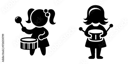 Modern Minimalist Girl Playing Drums Icon, Flat Silhouette of a Child with Musical Instrument Vector for Kids Illustration Design