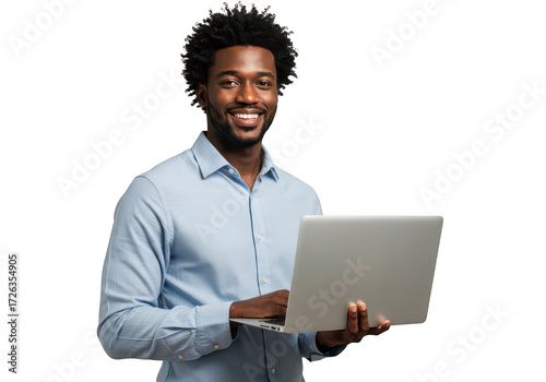 Smiling black man in light blue shirt holding laptop posing for photo transparent background
