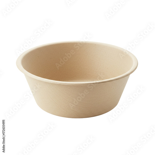 Beige disposable paper bowl of simple design for serving dishes on a transparent background isolate