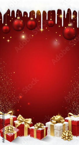 Vibrant holiday red background featuring decorative snow, shining baubles, and neatly wrapped gift boxes, providing a joyful frame for your special seasonal greetings and promotions
