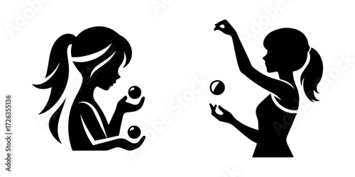Modern Minimalist Girl Holding Marbles Icon, Flat Silhouette of a Half Body Child with Plaything Vector for Kids Illustration Design