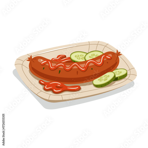 Juicy bratwurst on disposable plate with ketchup and pickles, festive and appetizing, flat vector illustration on white background