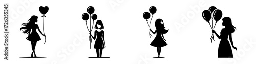 Modern Minimalist Girl Holding Balloons Icon, Flat Silhouette of a Half Body Child with Plaything Vector for Kids Illustration Design