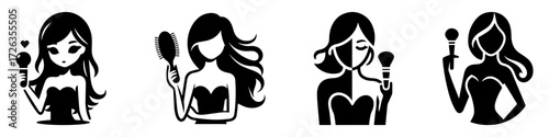 Modern Minimalist Girl Holding Makeup Toy Icon, Flat Silhouette of a Half Body Child with Plaything Vector for Kids Illustration Design