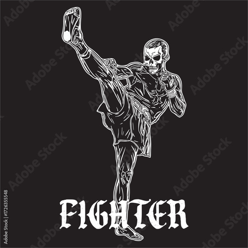 a vector illustration of Skull Head with fighting style thai boxing muangthai