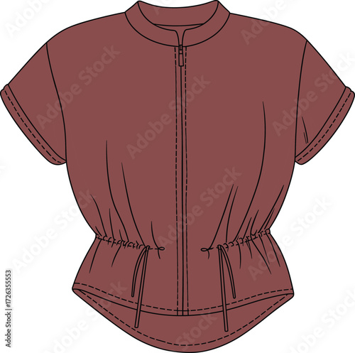 Rust red lightweight jacket with drawstring waist and stand-up collar, flat lay illustration, short sleeves, front zip closure, hand-drawn vector art.