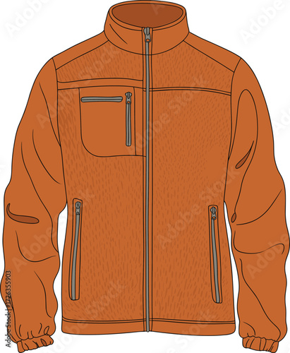 Brown textured fleece jacket flat lay illustration, unisex design, warm winter outdoor clothing, front view full zipper, multiple pockets, comfortable fabric, realistic hand-drawn vector art.