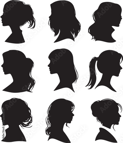 Vector art of collection of nine silhouette portraits of women
