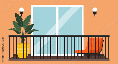 Stylish outdoor living space on a modern apartment balcony with a chair and a houseplant, flat style vector illustration