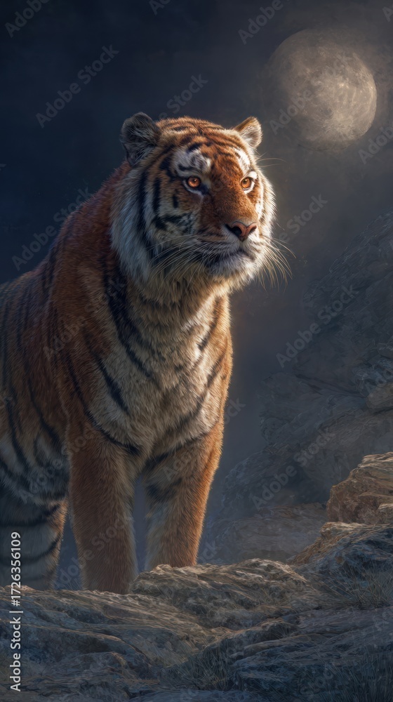 Naklejka premium A majestic tiger stands alert against a backdrop of moonlit rocks, its gaze fixed on the distant light.